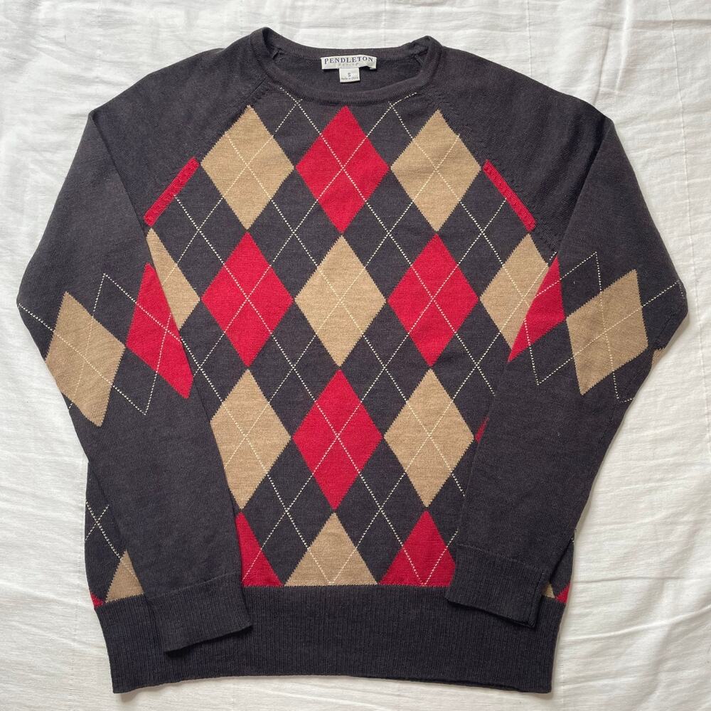 Pendleton Petites Argyle Plaid Merino Wool Knit Sweater Brown Sz Small Women's